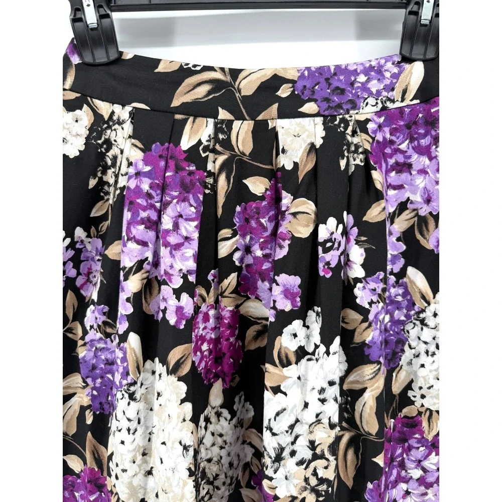 White House Black Market Pleated A Line Skirt Purple White Floral Pocket Women 4